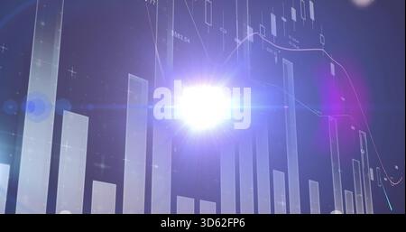 Displaying finance dashboard on dark gradient, glowing lens flare, 3D bars, candles, $583 Stock Photo