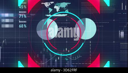 Displaying central HUD with cyan red ringed arcs on dark grid, showing overlays, world map, charts Stock Photo