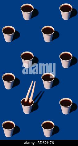 Paper coffee cups and plastic legs in bold pattern on blue background Stock Photo