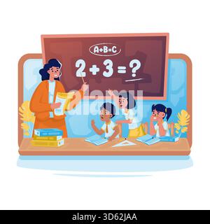 Online learning classes with teacher and students learn math vector illustration Stock Vector