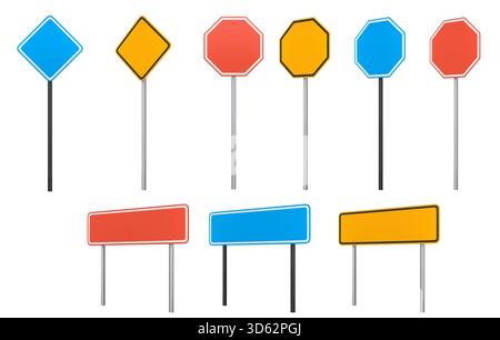 Blank traffic signs with different shapes and colors on metal poles on ...