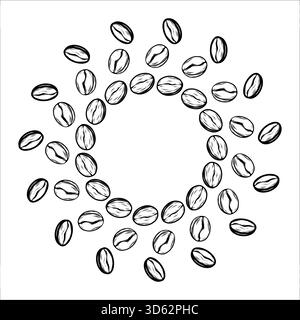 vector line art with coffee beans arranged in three circular rows. minimalist black outline design for cafe logo, branding, and packaging. Stock Vector