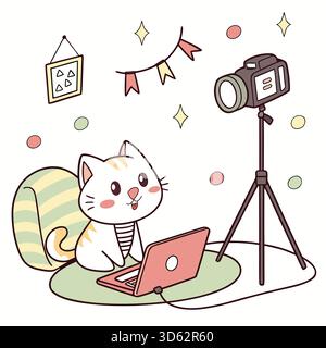 Cute cartoon cat with laptop and camera Stock Vector