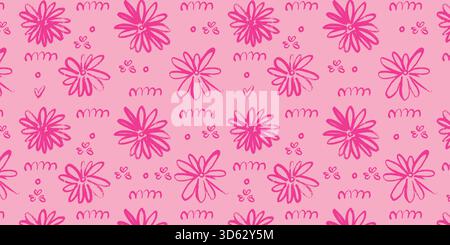 Grunge Hand drawn Floral Pattern. Sketch flowers in bright pink with playful irregular lines. Vibrant whimsical feminine blossoms, cute spring motifs Stock Vector