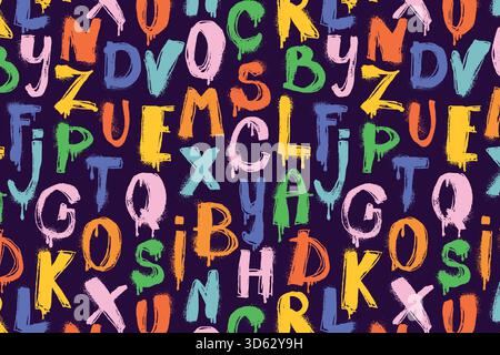 Multicolored Graffiti Alphabet Pattern. Hand drawn spray paint colorful letters with grunge splatter texture. Bold street art typography design with Stock Vector