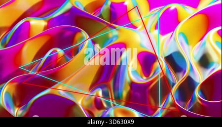 Displaying iridescent folded surface with specular gleams in CGI, featuring cyan red triangles Stock Photo