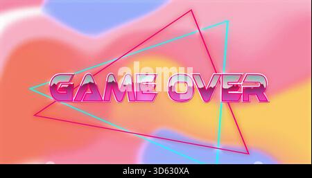 Displaying central 3D 'GAME OVER' text floating on pastel gradient backdrop, with neon triangles Stock Photo