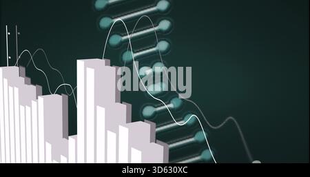 Displaying 3D bar chart columns rising at left in digital infographic, with DNA helix, copy space Stock Photo