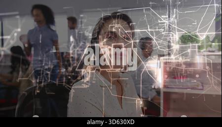 Taking calls central woman wearing white blouse with dots using headset in office, AI overlay Stock Photo