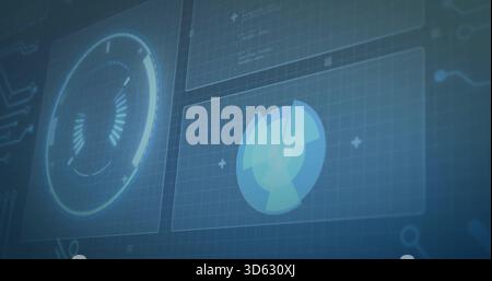 Displaying translucent blue HUD on gridded screen, showing left ringed gauge and right radar disk Stock Photo