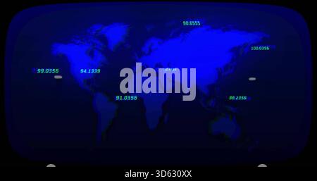 Displaying global map on rounded screen dashboard, with numeric overlays and two white markers Stock Photo