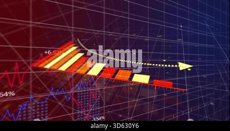 Displaying 3D gradient bars on wireframe grid in dashboard, dotted trajectory arrow, red blue lines Stock Photo