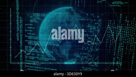 Displaying wireframe 3D globe over grid plane on digital dashboard, showing jagged line graph Stock Photo