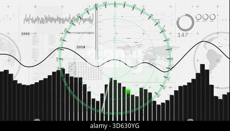 Displaying vertical bar chart centered in dashboard, sweeping wavy line and green radar dot overlay Stock Photo