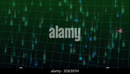 Streaming binary digits cascading over tilted grid in HUD, showing red pointer and blue squares Stock Photo