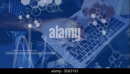 Typing person in checked shirt and jeans using laptop on lap, with hexagonal overlays Stock Photo