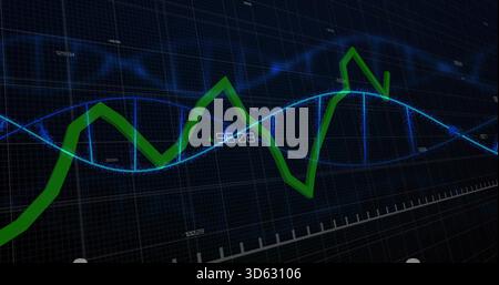 Displaying green jagged trend line running across dark analytics grid, with blue helix and 96 Stock Photo