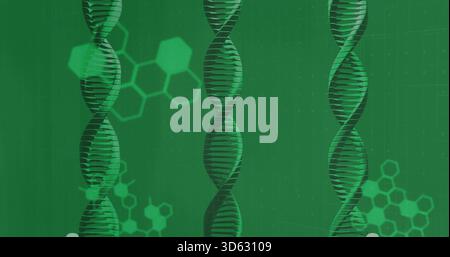 Displaying three vertical DNA helices floating in abstract lab illustration with hexagonal motifs Stock Photo