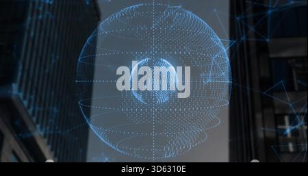 Projecting holographic point-cloud globe with inner sphere and rings in city canyon between towers Stock Photo