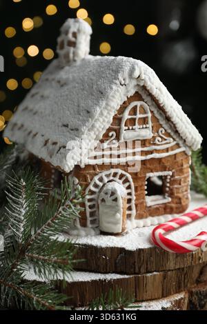 Gingerbread house, fir branches and candy cane against black background with blurred lights, closeup. Christmas treat Stock Photo