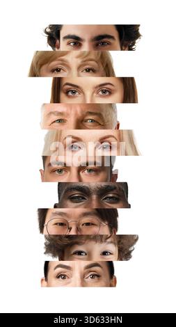Clean minimal collage of diverse eyes on white layout. Stock Photo