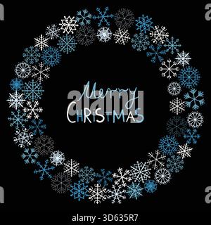 Christmas vector greeting card with circle snowflake design in blue and white on black background Stock Vector