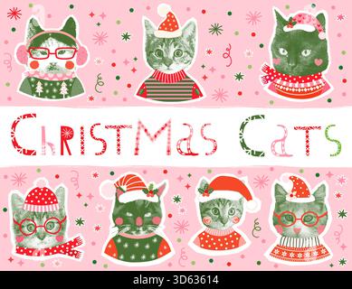 Cute and funny vector Christmas cat faces, Half tone collage designs for holiday banners and greeting cards Stock Vector