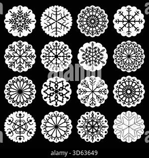 Snowflake decoartive elements with scalloped edges in black and white colors for winter holiday designs. Stock Vector