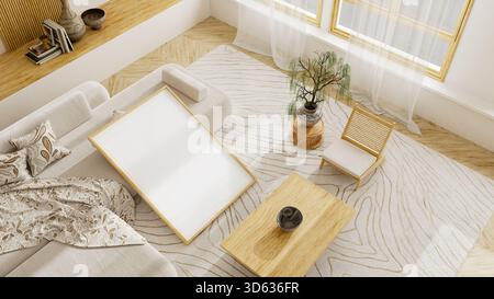 Stylish top view mock-up featuring ceramic vase, rattan detail, and neutral wall background for branding composition and modern layout. 3D illustratio Stock Photo