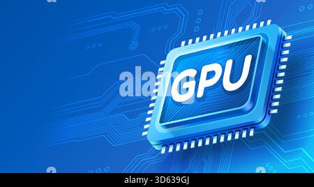Stylized GPU chip on a modern blue circuit board background. Vector illustration Stock Vector