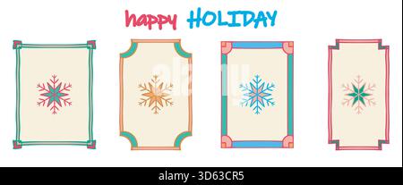 Holiday frame, snowflake shape set. Hand drawn decorative doodle ink brush stroke corner, modern calligraphic freehand grunge line. Rectangle isolated Stock Vector