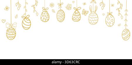 Easter eggs golden hanging horizontal garland, eggs with rope, bows, decorations, leaves and butterfly ornament. Holiday line hand drawn doodle sketch border. . Vector illustration Stock Vector
