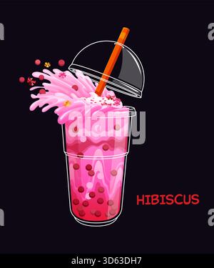 Cartoon milk hibiscus bubble tea drink glass with pink splash. Takeaway boba drink vector cup, street cafe sweet bubble tea beverage. Fast food milkshake cocktail with lid, pink milk splash and straw Stock Vector