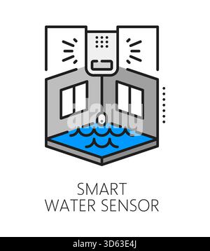 Home security smart water sensor color line icon or sign. House security, water leakage protection lineart vector icon. House pipe damage alarm system pictogram with room and water flood alarm sensor Stock Vector