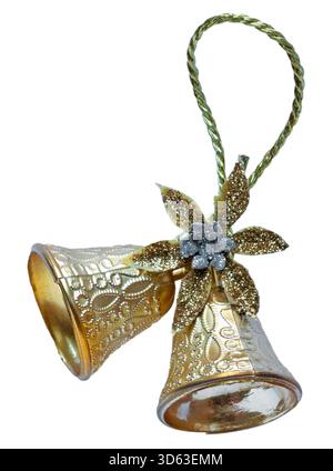 Two bright gold bells used for decorating at Christmas or during a celebration like a wedding isolated on a white background. Stock Photo