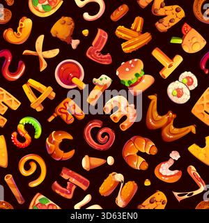 Fast food font letters seamless pattern. Fabric cartoon vector pattern. Fast food meal seamless print with bacon, pizza, sushi and french fries, hamburger, nuggets and chips English alphabet letters Stock Vector