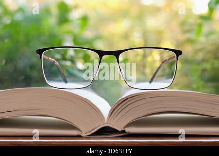 Reading glasses lying on the open book, natural greenery on the background Stock Photo