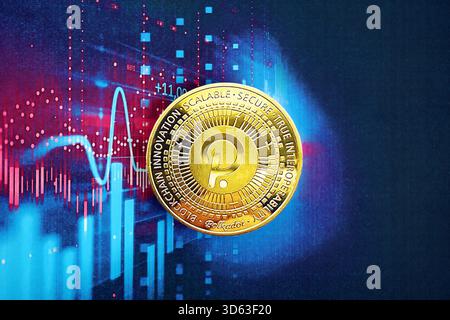 KYIV, UKRAINE - OCTOBER 9, 2025 Polkadot cryptocurrency coin sticker on futuristic blue chart banner. Concept of modern crypto money Stock Photo