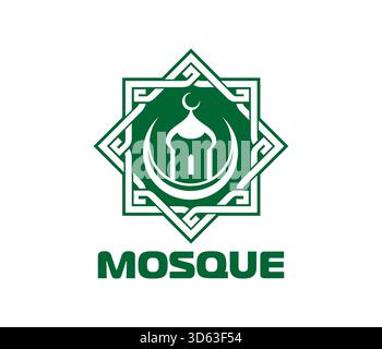Islamic muslim mosque spiritual icon or sign. Muslim Quran spiritual emblem, Arab mosque center vector symbol. Islamic religion school icon or sign with green Rub el Hizb, crescent and minaret Stock Vector