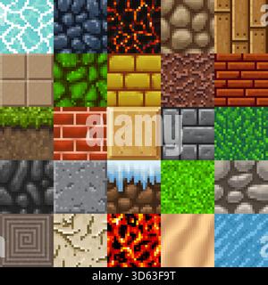 Retro 8 bit pixel art game surface texture pattern blocks with vector grass, stone, bricks, dirt and magma, water and sand, wood, rock and ice tiles. Video and arcade game pixel surface textures set Stock Vector