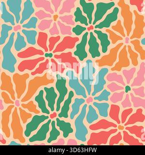Bold abstract groovy wavy flowers. Retro floral hand drawn vector seamless background for wrapping paper, card, textile. Contemporary trendy botanical Stock Vector
