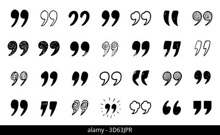 Collection of diverse hand drawn quotation marks, speech bubbles, and quote icons for messaging, dialog, and typographic design, isolated on white background vector illustration Stock Vector