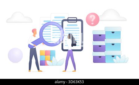 Business people examining documents with magnifying glass, searching for information, analyzing data, teamwork, storage, and organization isolated on white background vector illustration Stock Vector