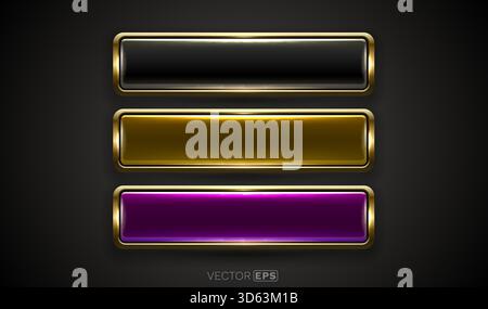 Set of three glossy buttons with golden frames in black, gold, and purple, perfect for elegant UI design. Vector illustration Stock Vector