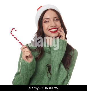 Beautiful woman with Santa and candy cane on white background. Christmas season Stock Photo
