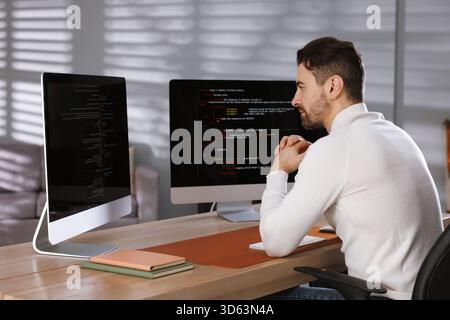 Programmer working on computer with dual monitors at table in office Stock Photo