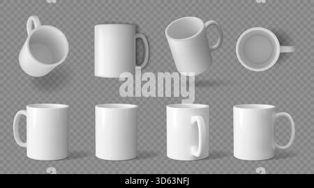 Mug mockup. White coffee cup with handle different sides and top view, 3d ceramic template or isolated brand corporate design for logo, blank simple design, hot beverage porcelain. Vector illustration Stock Vector