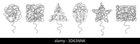 Hand-drawn tangled scribble doodle set featuring various abstract shapes, ideal for concepts of confusion, brainstorming, and creative thinking, isolated on white background vector illustration Stock Vector