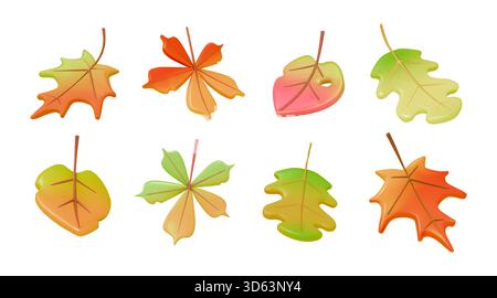 3d autumn leaves. Fallen maple leaf, yellow oak and green forest chestnut fall foliage october icon or september season render isolated shapes. Minimal realistic gradient. Vector botanical icons set Stock Vector