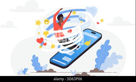 Person overwhelmed by smartphone notifications, social media reactions, and digital messages representing technology addiction and online engagement isolated on white background vector illustration Stock Vector